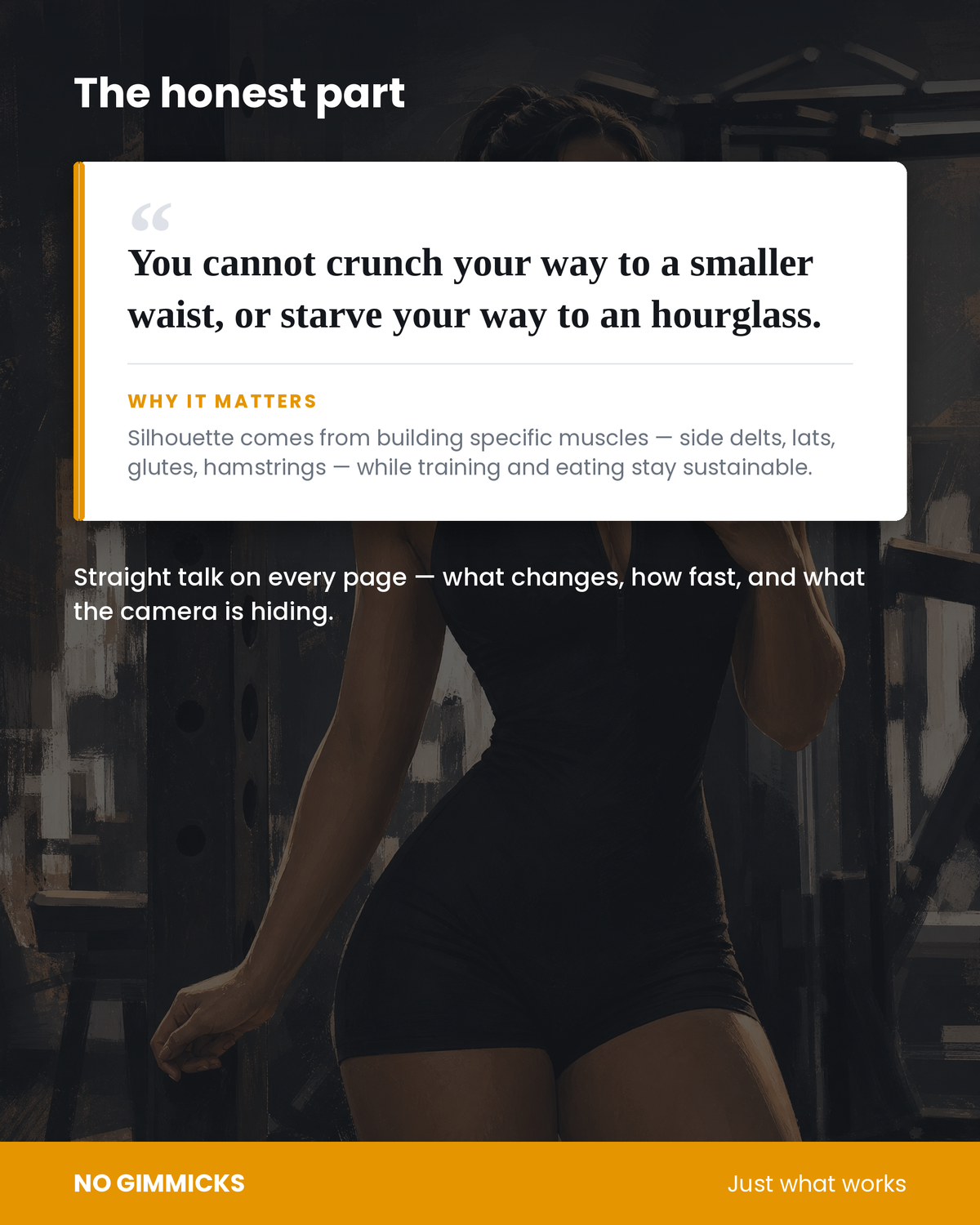 Promotional graphic of a woman in a black sports bra and shorts standing in a dim gym, overlaid with text for the Honest Part of the women's body shaping guide
