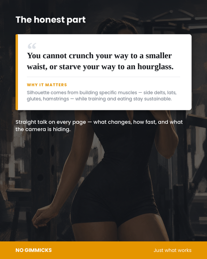 Promotional graphic of a woman in a black sports bra and shorts standing in a dim gym, overlaid with text for the Honest Part of the women's body shaping guide