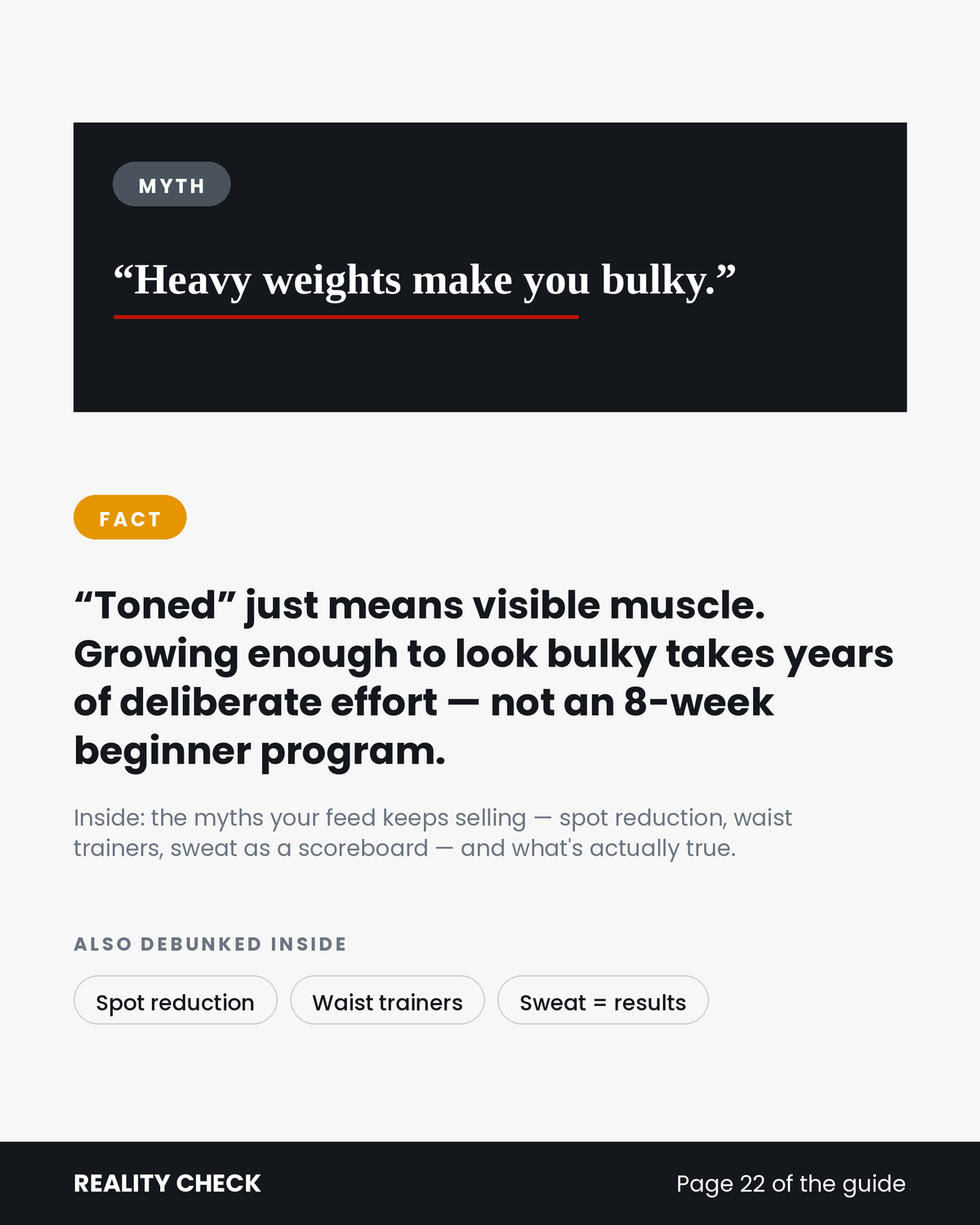 Digital infographic debunking the myth 'Heavy weights make you bulky', explaining that toned muscle does not mean bulky in the 8-week beginner hourglass figure workout program