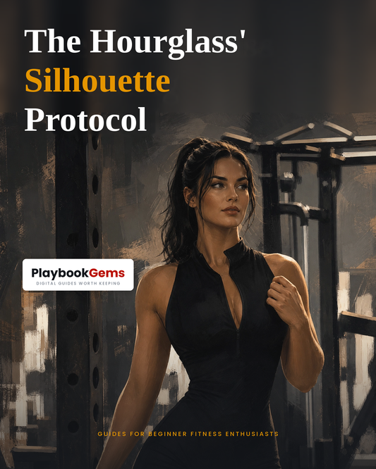 Book cover for The Hourglass' Silhouette Protocol by PlaybookGems, featuring a woman in a black dress in a gym setting